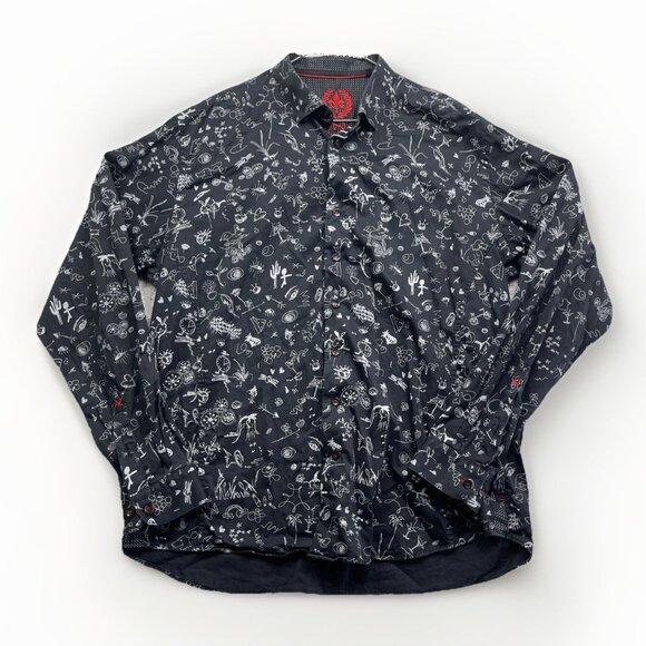 Au Noir Black Button Down Shirt Graphic Doodle Drawing AOP Men Size 6 Casual - Picture 1 of 16